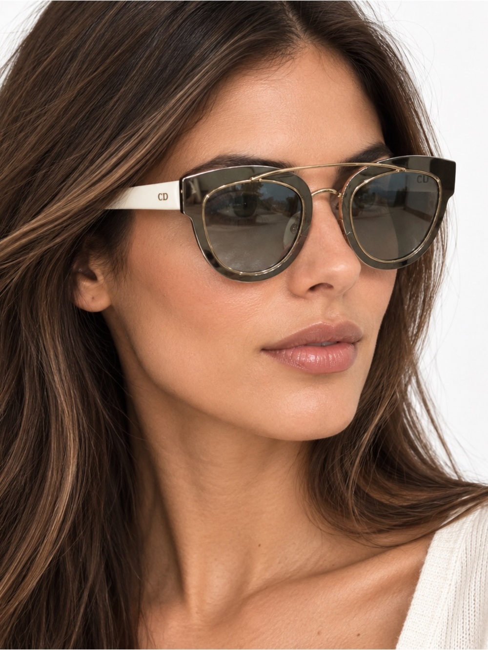 Dior Olive Tortoise Shell and Cream Cat-Eye Sunglasses with Gold Accents